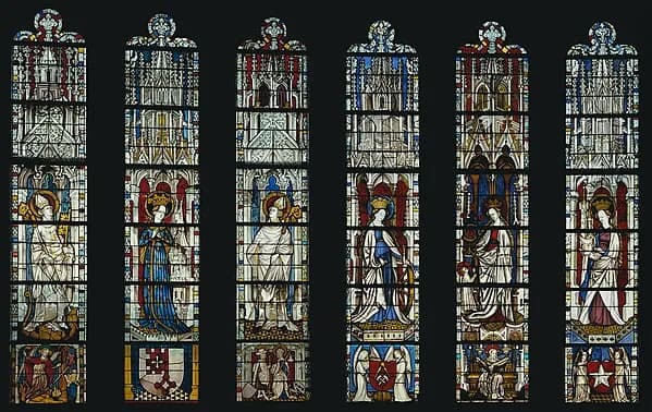 The Virgin Mary and Five Standing Saints above Predella Panels by Anonymous depicting Luke 1