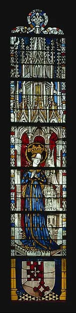 The Virgin in a Blue Robe Decorated with Images of Wheat, with the Arms of the Bishop of Liège below (from a series with The Virgin Mary and Five Standing Saints) by Anonymous depicting Luke 1