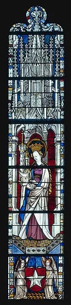 Saint Barbara Holding a Tower, with the Arms of the City of Maastrict below (from a series with The Virgin Mary and Five Standing Saints) by Anonymous depicting Luke 1