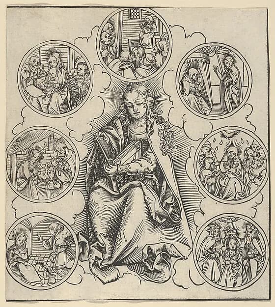 The Virgin Surrounded by Sven Medaillons Representing the Seven Joys of the Virgin by Lucas Cranach the Elder depicting Luke 1