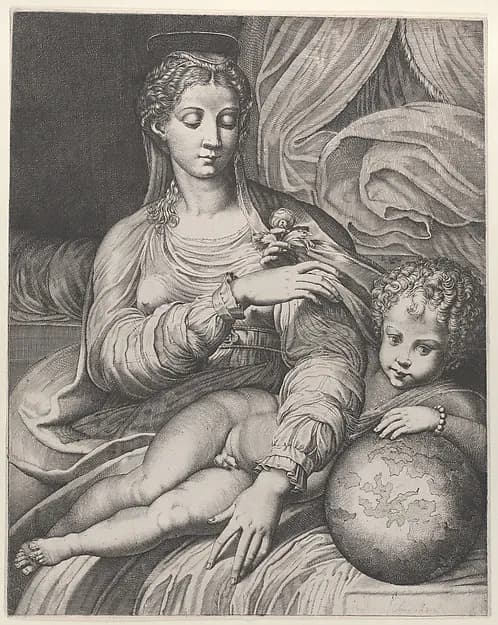 Madonna of the Rose, she reaches for a rose held by the Christ child, who rests his left arm on a globe by Domenico Tibaldi depicting Luke 2