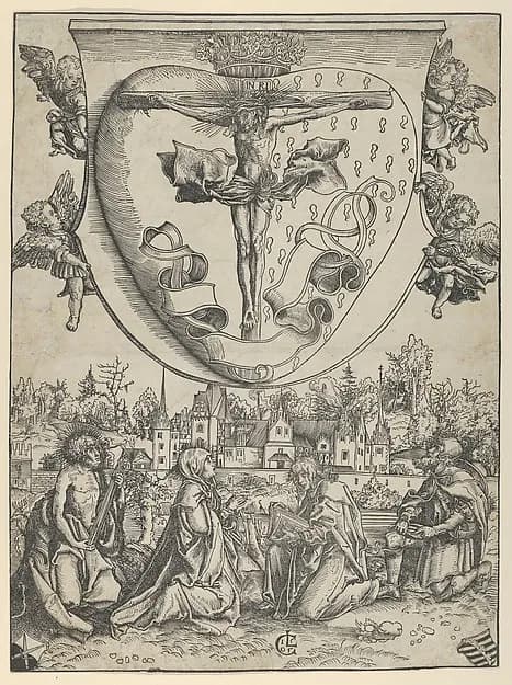 Four Saints Adoring Christ Crucified on the Sacred Heart by Lucas Cranach the Elder depicting Matthew 27