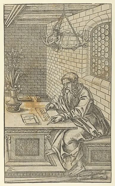 Paul, from "The Four Evangelists and Three Apostles Sitting in Rooms" by Lucas Cranach the Younger depicting Romans 1
