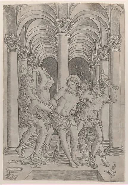 The Flagellation of Christ who is tied to a column at center set within an arcade by Giovanni Antonio da Brescia depicting Matthew 27