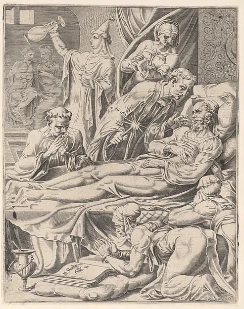 The Rich Man on His Deathbed, plate 2 from "The Parable of Lazarus and the Rich Man" by Dirck Volckertsz Coornhert depicting John 11