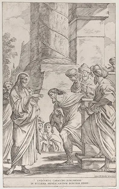 The Calling of Saint Matthew, plate 1 from "Bononiensium Pictorum Celebrioris..." by Giuseppe Maria Mitelli depicting Matthew 1