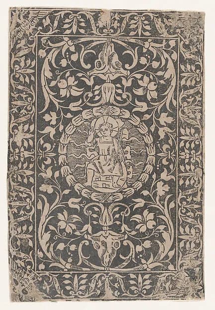 Christ as a child, seated, right hand raised in gesture of blessing, surrounded by elaborate ornament by Anonymous, Italian, 15th to 16th century depicting John 1