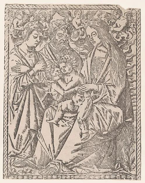 Saint John the Baptist embracing the Christ Child who sits on the Virgin's knee, she is being crowned by angels, other saints at left by Anonymous, Italian, 16th century depicting Matthew 3