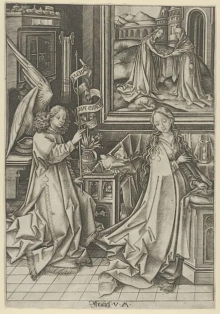 The Annunciation, from "The Life of the Virgin" by Israhel van Meckenem depicting Luke 1