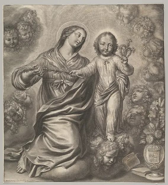 Virgin and Child Surrounded by Cherubs' Heads by Grégoire Huret depicting Luke 2