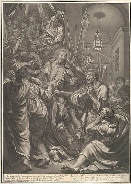 Christ Before Caiaphas looks to St. Peter, who Denies Him, from The Passion of Christ, plate 9 by Grégoire Huret depicting Matthew 27
