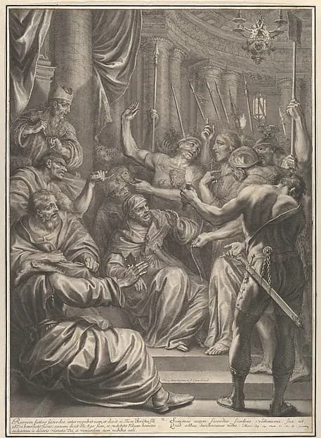 Christ Before Caiaphas, from The Passion of Christ, plate 10 by Grégoire Huret depicting Matthew 27
