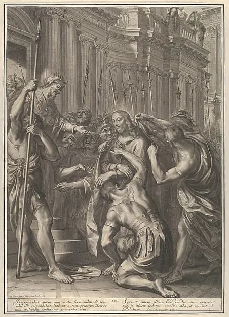 Christ Before Herod, from The Passion of Christ, plate 12 by Grégoire Huret depicting Matthew 2