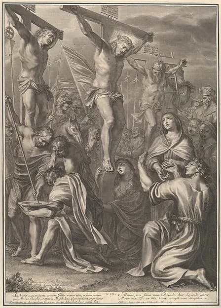 Christ on the Cross with St. Mary and St. John, from The Passion of Christ, plate 19 by Grégoire Huret depicting Matthew 3