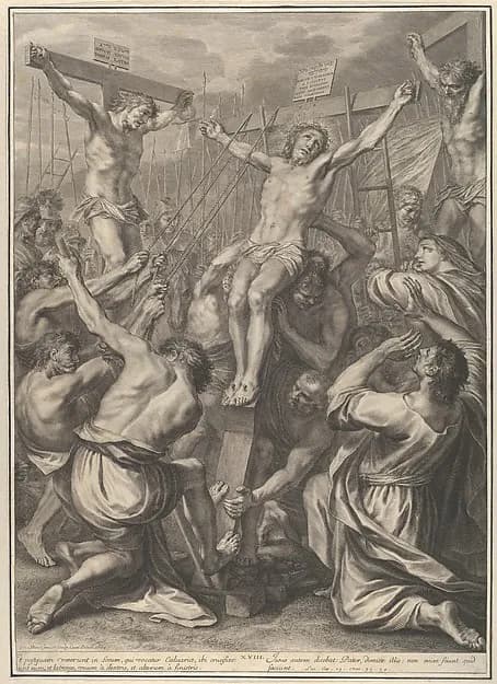 Christ on Raised on the Cross, from The Passion of Christ, plate 19 by Grégoire Huret depicting Matthew 27