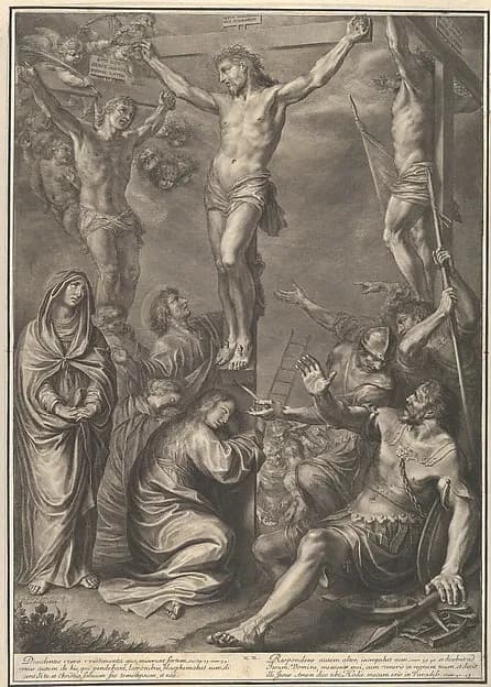 Christ on the Cross Speaks with the Good Prisoner, from The Passion of Christ, plate 20 by Grégoire Huret depicting Matthew 27
