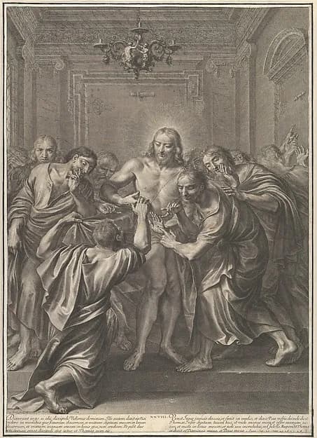 Doubting Thomas, from The Passion of Christ, plate 28 by Grégoire Huret depicting John 20
