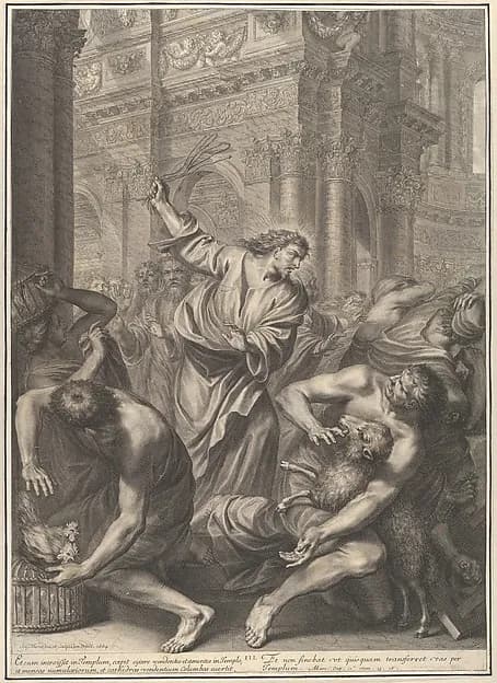 Christ Driving the Merchants from the Temple, from The Passion of Christ, plate 3 by Grégoire Huret depicting Matthew 21