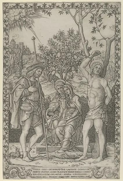 The Virgin and Child on the lap of St. Anne, with St. Roch and St. Sebastian by Giovanni Jacopo Caraglio depicting Luke 1