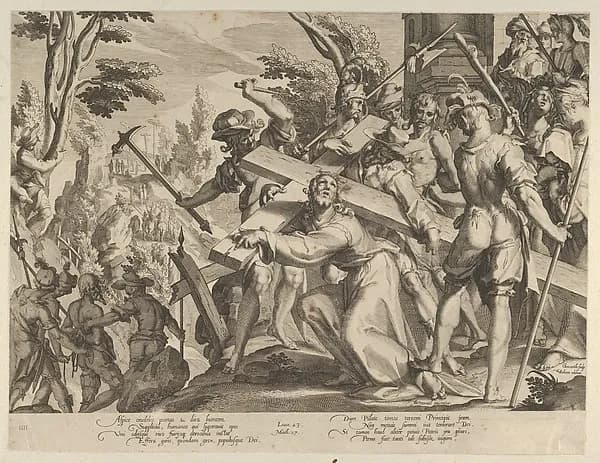 Christ Carrying the Cross, plate 4 from "Thronus Justitiae, tredecim pulcherrimus tabulis..." by Willem van Swanenburg depicting Mark 15