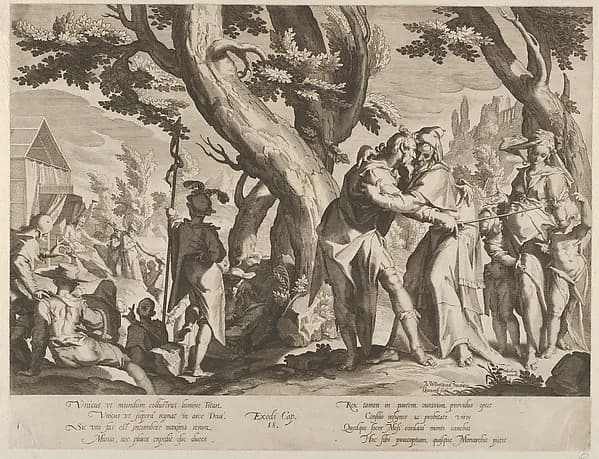 The Meeting of Moses and Jethro, plate 1 from "Thronus Justitiae, tredecim pulcherrimus tabulis..." by Willem van Swanenburg depicting Exodus 2