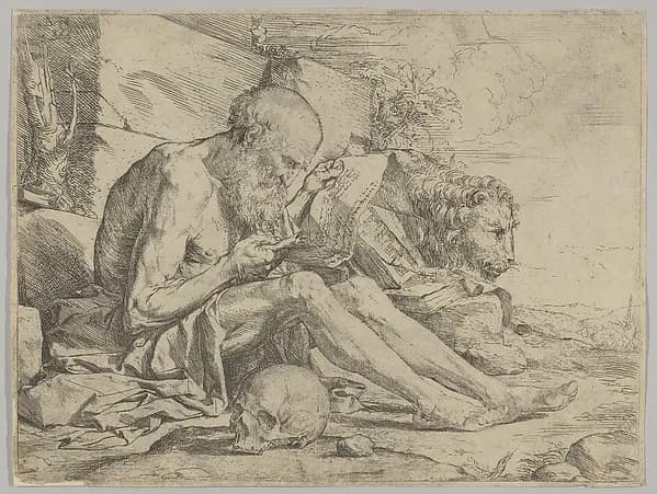 Saint Jerome Reading by Jusepe de Ribera (called Lo Spagnoletto) depicting Romans 8