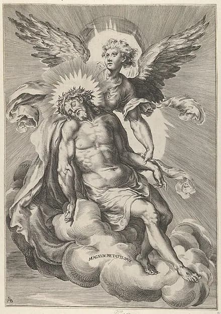 Angel supporting Christ, who is also resting on clouds by Cherubino Alberti (Zaccaria Mattia) depicting John 1