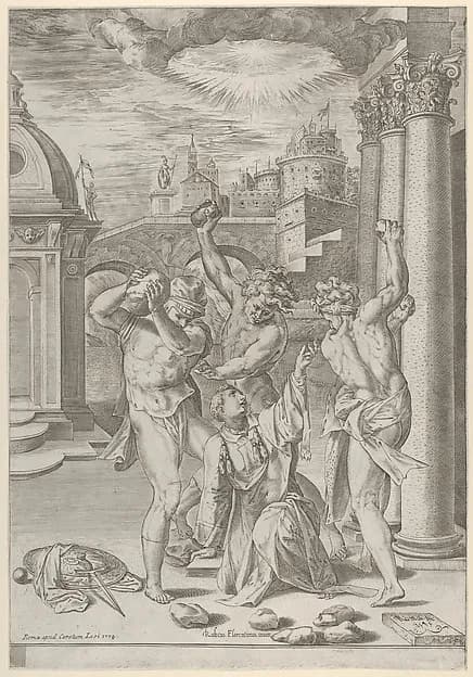 The Stoning of Saint Stephen by Cherubino Alberti (Zaccaria Mattia) depicting Acts 7