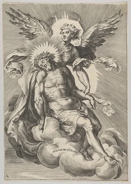 Christ supported by an angel standing on a cloud with light radiating behind them by Cherubino Alberti (Zaccaria Mattia) depicting John 1