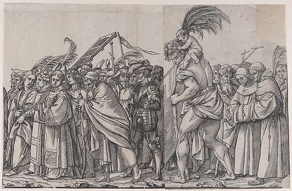 Section H: Saint Christopher carrying the Christ Child, from "The Triumph of Christ" by Andrea Andreani depicting Luke 2