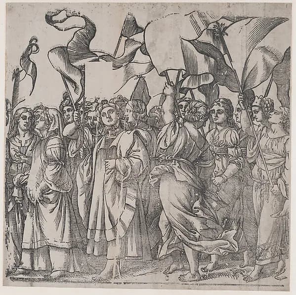 Section C: female martyrs and saints holding banners, from "The Triumph of Christ" by Andrea Andreani depicting John 1