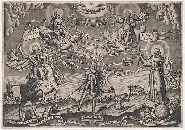 The triumph of faith, a soldier standing in centre holding shield adorned with arms of Alva; Holy Trinity above, St James Major on horseback at left by Marcos de Orozco depicting Matthew 28