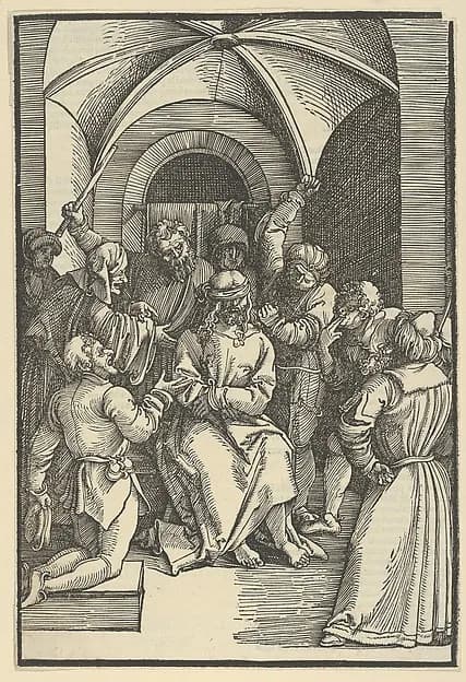 The Mocking of Christ, from Speculum passionis domini nostri Ihesu Christi by Hans Schäufelein depicting Matthew 27