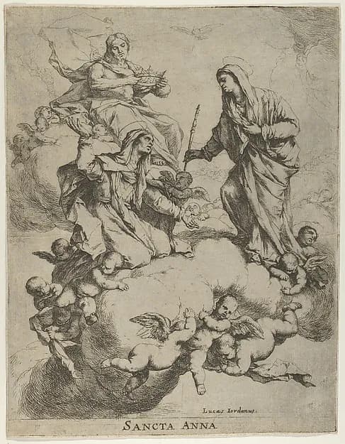 Christ holding a crown upper left, at right the Virgin receiving Saint Anne in Heaven by Luca Giordano depicting Luke 1