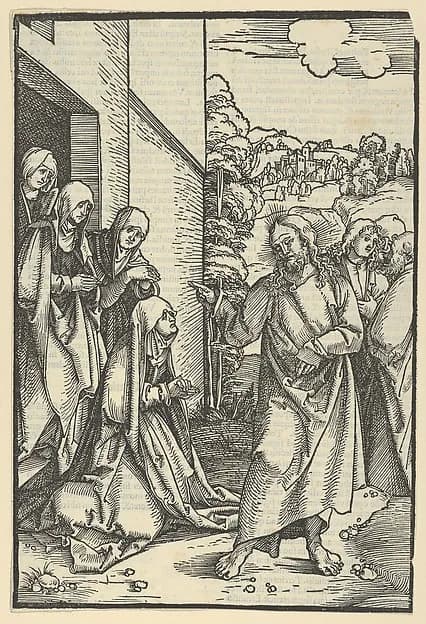 Christ Taking Leave of His Mother, from Speculum passionis domini nostri Ihesu Christi by Hans Schäufelein depicting Luke 1