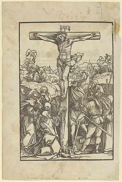 The Crucifixion, from "Speculum passionis domini nostri Ihesu Christi" by Hans Schäufelein depicting Matthew 27