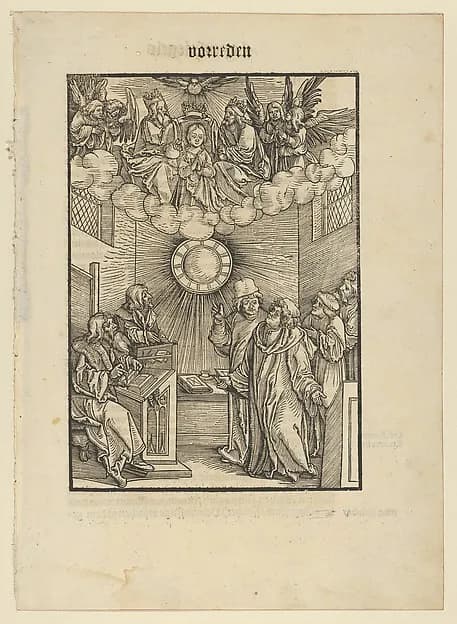 The Author Writing the Layenspiegel; The Trinity and the Virgin at the Upper Center, from "Der Neue Layenspiegel" by Hans Schäufelein depicting Luke 1