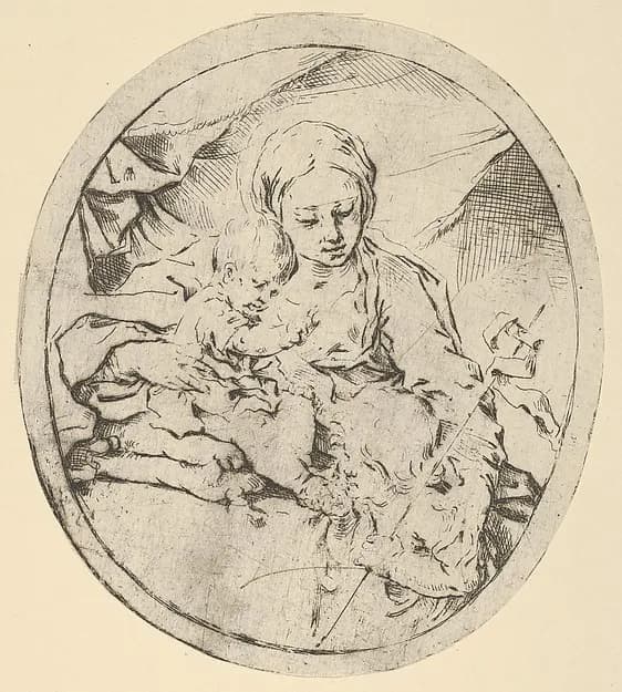 The Virgin with the infant Christ seated on a cushion and the young Saint John the Baptist at his feet, an oval composition by Guido Reni depicting Matthew 3