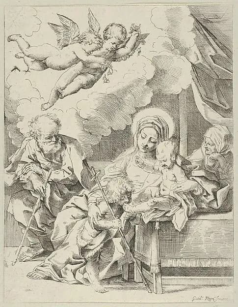 The Holy Family with young John the Baptist and Saint Elizabeth, two angels above, after Reni by Anonymous, 17th century depicting Matthew 3