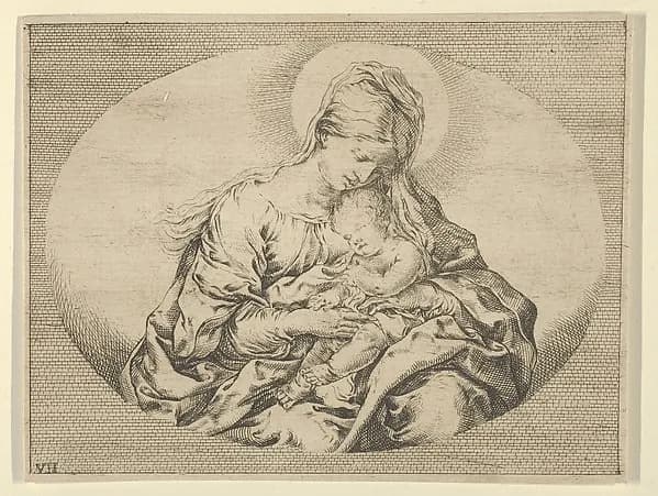 The Virgin holding the infant Christ, an oval composition, after Reni by Anonymous, 17th century depicting Luke 2