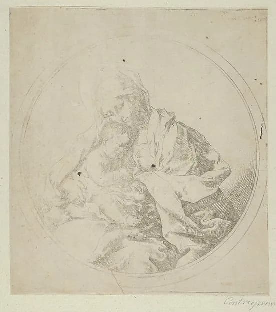 The Virgin holding the infant Christ, a circular composition, counterproof by Guido Reni depicting Luke 2