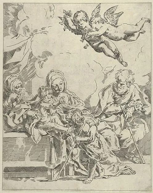 The Holy Family with young John the Baptist and Saint Elizabeth, two angels above, after Reni by Flaminio Torre (Torri) depicting Matthew 3