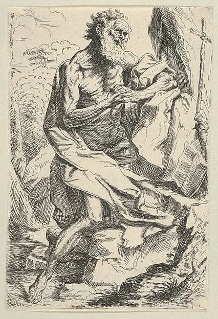 Saint Jerome kneeling on a rock in front of a cross and an open book facing right, after Reni by Anonymous, 17th century depicting Romans 8