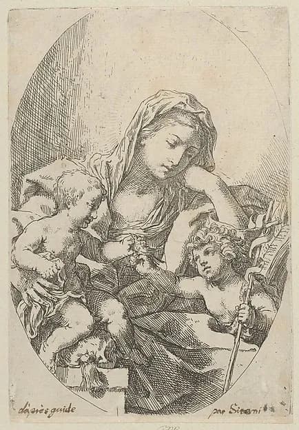 The Virgin with the Christ Child and the young Saint John the Baptist holding a bird at right, an oval composition by Lorenzo Loli depicting Matthew 3