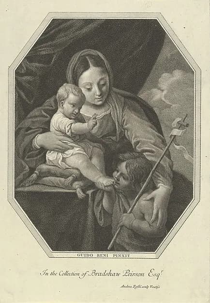The Virgin with the infant Christ seated on a cushion and the young Saint John the Baptist kissing his foot, an octagonal composition, after Reni by Andrea Rossi depicting Matthew 3