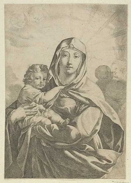 The Virgin standing facing front and holding the infant Christ, angels behind them in the clouds by Anonymous depicting Luke 2