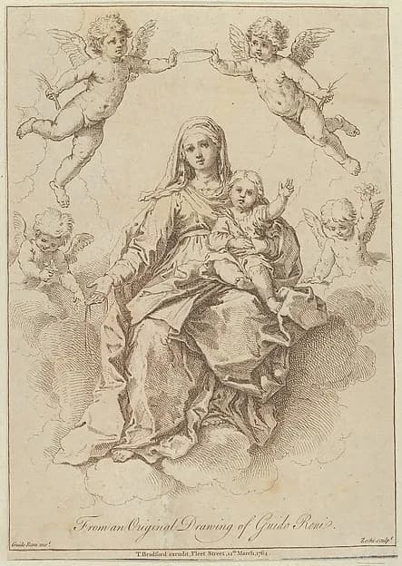 The Virgin seated in the clouds with the infant Christ, surrounded by putti, after a drawing by Reni by Giuseppe Zocchi depicting Luke 2
