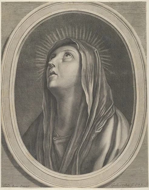 The Virgin looking up to the left, in bust length in an oval frame, after Reni by Guillaume Vallet depicting Luke 1