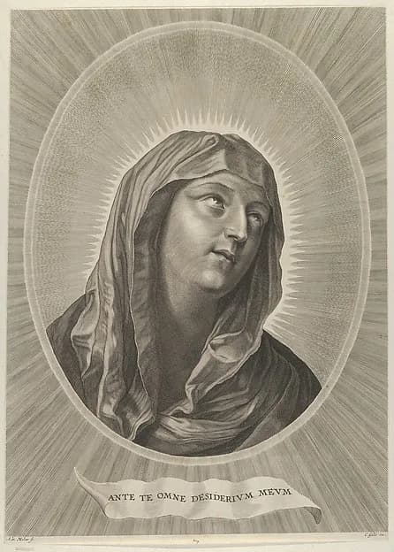 The head of the Virgin looking up to the right, in an oval frame, after Reni by Adrian van Melar depicting Luke 1