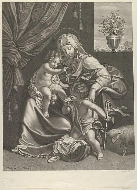 The Virgin seated with the infant Christ on her lap, the young Saint John the Baptist kneeling on Christ's cradle and kissing his foot, a lamb at right, after Reni by Jean Boulanger depicting Matthew 3